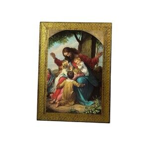 Vintage Jesus With the Children Gold Foil Wood Plaque Made In Italy KC Vogel 5X7